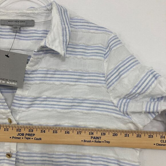 New Andrew Marc XL Blue White Striped Ruched Sleeve Gauze Button Tie Front Shirt - Picture 6 of 8